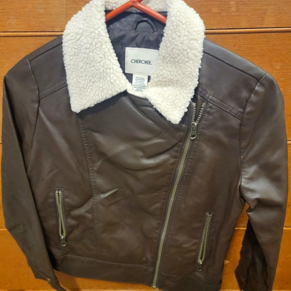 EUC Girls Cherokee Brown Pleather Jacket Size 10/12